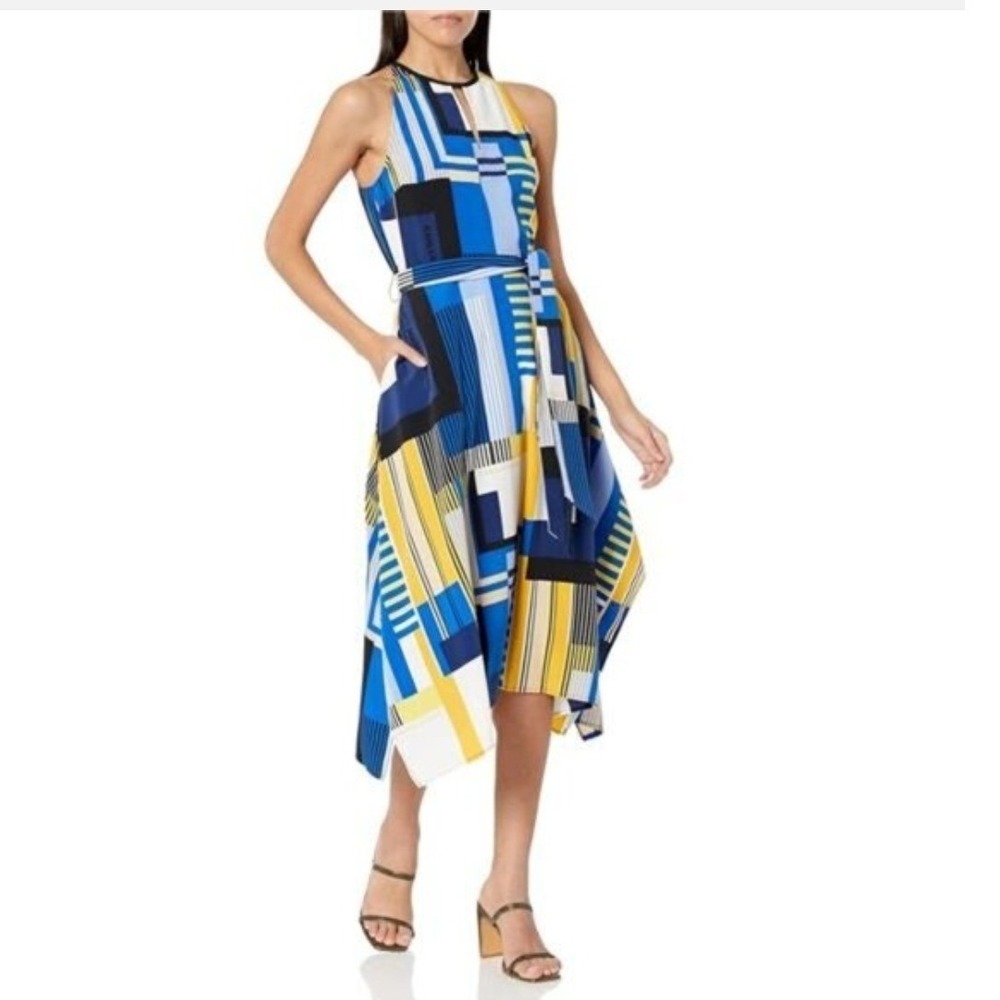 Karl Lagerfeld Paris Handkerchief Dress 8 Blue Yellow Colorblock Geometric Artsy